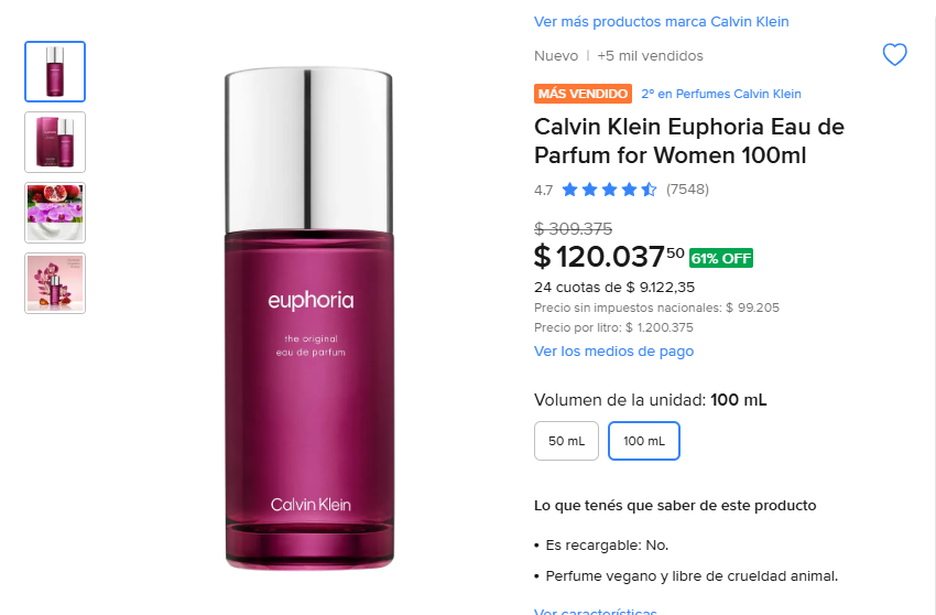 Kratosprecios's tweet photo. 🔥OFERTA IMPERDIBLE Calvin Klein Euphoria Eau de Parfum for Women 100ml.
-Antes: $309.375. 
-Ahora: $120.037,50. 
   https://t.co/VfnR9pRhSq
Calvin Klein Euphoria Eau de Parfum for Women es un perfume que encarna el espíritu femenino: misterioso, provocador y excitante. Esta fragancia se inspira en la sencilla elegancia de la orquídea.  La esencia femenina se abre con un suculento caqui y una adictiva granada. Una embriagadora mezcla de flor de loto y orquídea la envuelve aún más, con capas de ámbar líquido y exuberante madera de caoba. Euphoria encarna la sensualidad moderna y la libertad provocativa. Acentúa el misterio y la seducción femeninos.
