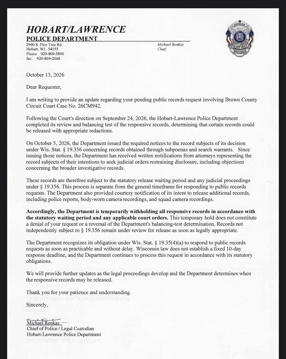 Peter_Bukowski's tweet photo. The Hobart-Lawrence Police Department will not release the Josh Jacobs evidence at this time because, according to a statement given to @TheLeapGB, the parties involved planned to legally block their release. https://t.co/N14ubpWxYj