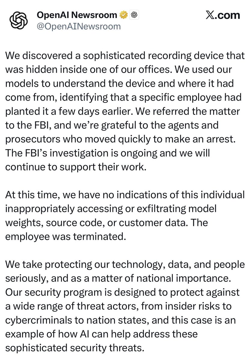 Breaking911's tweet photo. BREAKING: Abdulrahman Alfozan, a 35-year-old Saudi national employed by OpenAI, has been arrested on suspicion of secretly installing an audio recording device at the company’s San Francisco headquarters, officials say. https://t.co/LVC4MrC9to