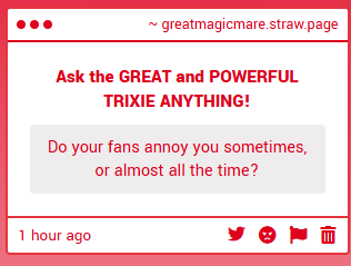 GreatMagicMare's tweet photo. Trixie is NEVER annoyed by her fans! While sometimes they do.. get in the way, I don't mind them at all! I will always take my Great and Powerful Time to make sure they are happy with the GREAT AND POWERFUL TRIXIE! https://t.co/El38YJG0lU