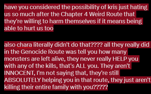 TheLitSofah's tweet photo. @1_Difference_1 @Rodrius_ Kris goes along with The Knights plan because they literally HAVE to, they supposedly made some sort of promise that they really don't want to break for whatever reason, that's not even REMOTELY comparable to Kris actually LIKING the Weird Route in some way https://t.co/oDRsV21szA