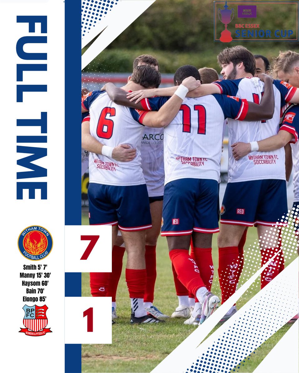 Withamtownfc's tweet photo. Full Time!

We are in the hat for the Fourth Round of the @BBCEssex Senior Cup. https://t.co/dcQSq0056I