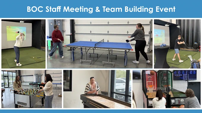 BOC Staff Meeting & Team Building Event featuring individuals playing golf simulator, table tennis, foosball, and arcade games in a spacious venue.