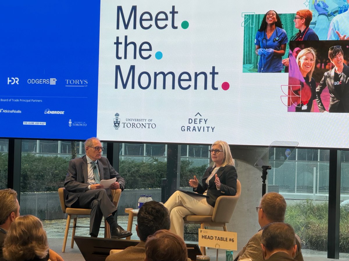 OntUniv's tweet photo. Great to be @TorontoRBOT to hear @UofT President Melanie Woodin discuss how universities are helping Canada adapt to a rapidly changing world. Ontario’s universities are continuing to work together to prepare future-ready graduates, advance the responsible adoption of AI at scale & turn research & innovation into economic growth. #ONCompetitiveAdvantage #ONpse