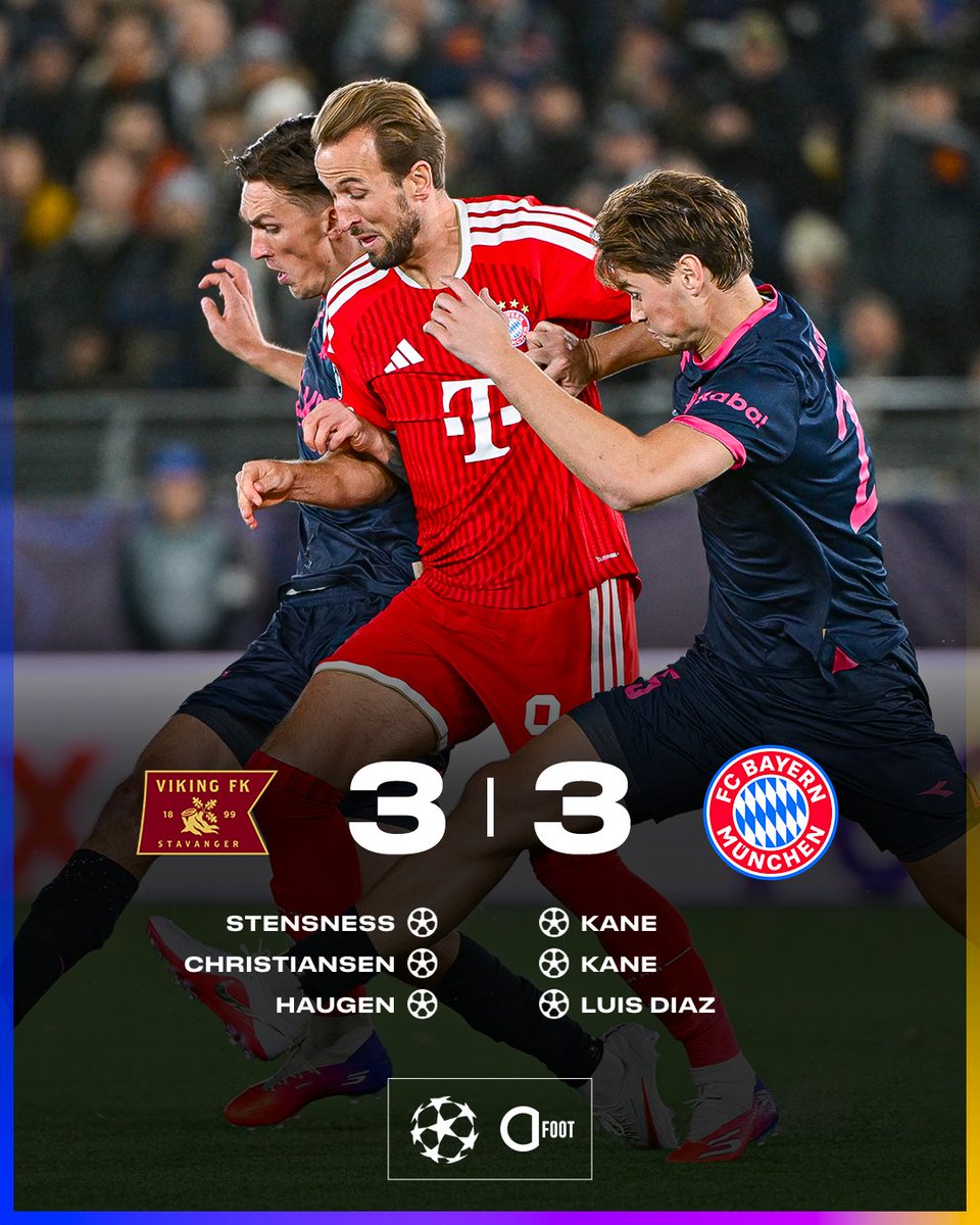 ActuFoot_'s tweet photo. 🚨🚨 LA DINGUERIE CE MATCH !!!!! VIKING 🇳🇴 ACCROCHE LE BAYERN 3-3 !!!!!!! 😱🍿
LE FOOTBALL NORVÉGIEN EST ÉMOUVANT. 🤩
Michael OLISE 🇫🇷 a craqué et pris un rouge ce soir… 🟥 https://t.co/dX8LCE5KDp