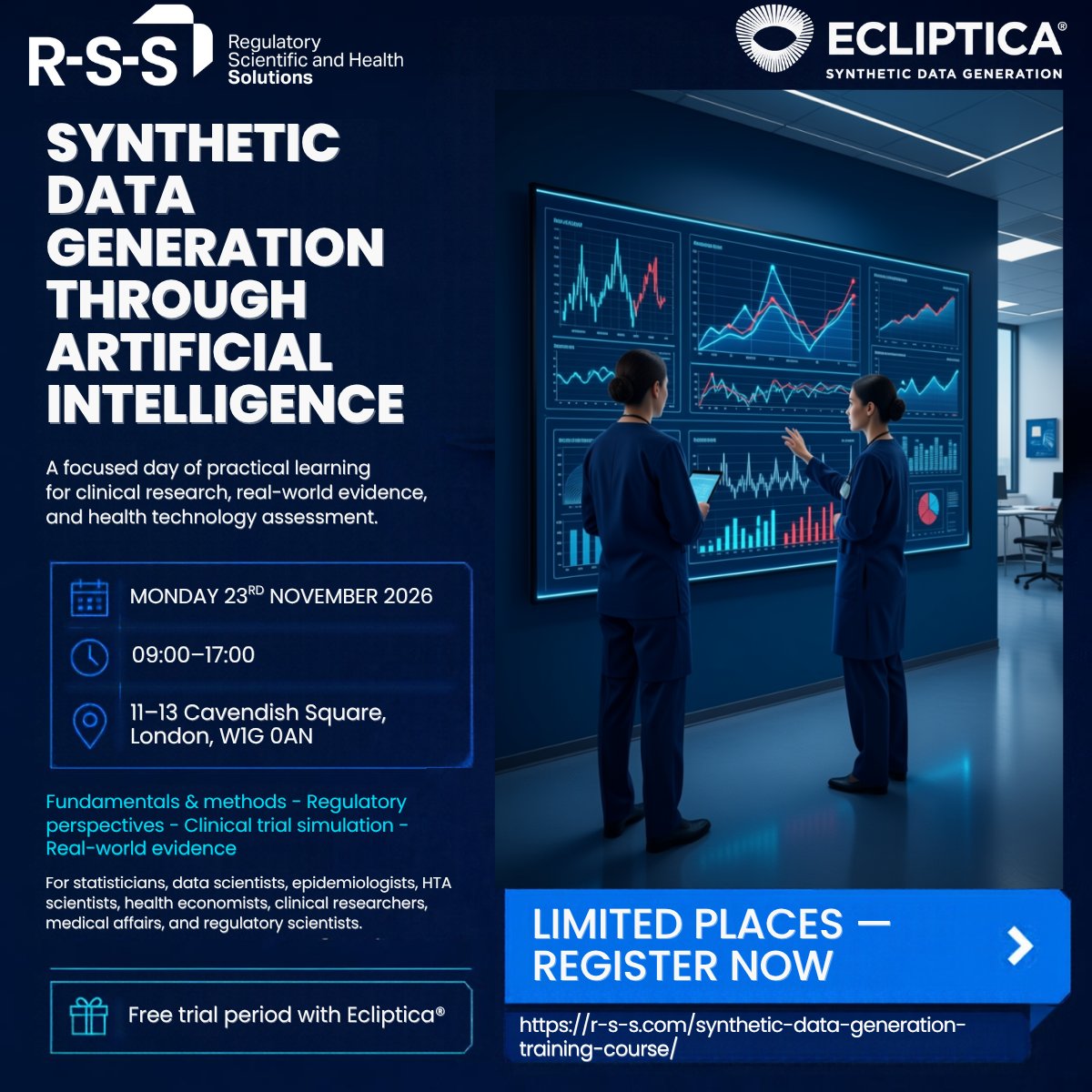 RSS_global's tweet photo. 🚀 Discover the future of healthcare evidence!

Join our hands-on course on Synthetic Data Generation through AI, covering clinical research, RWE &amp; HTA.

📅 23 Nov 2026 | 📍 London
🎁 Free Ecliptica® trial period
⏳ Limited places - book now! 👇
https://t.co/1J27fWGGae https://t.co/5BDi9GFBt4