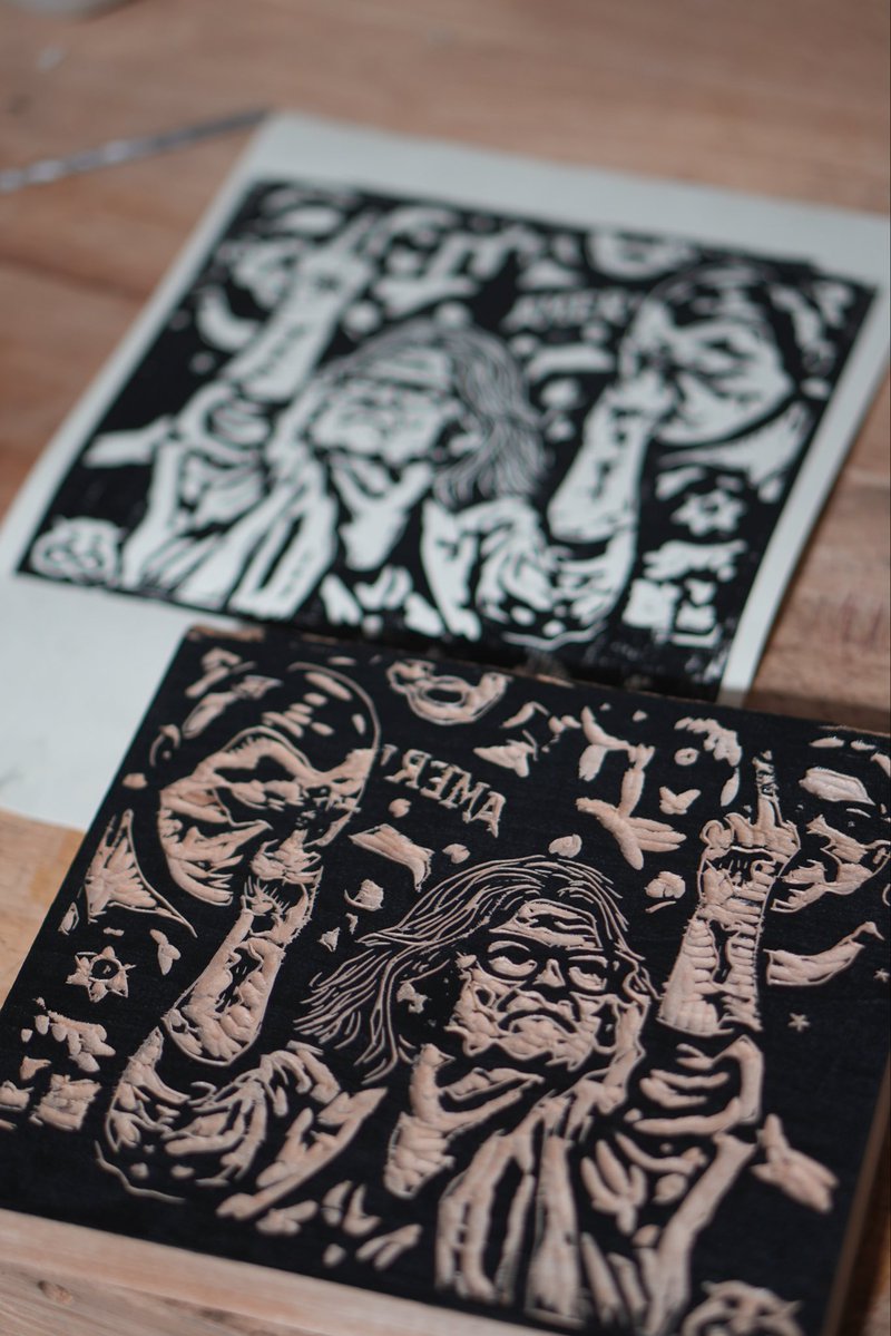senseshaper's tweet photo. Pulled a new #woodcut proof, and I must say, I’m pretty happy with it. 

Carved the #FDTLady this week. I also have a new caption carved but I need to fix a few details first and wait for the black to dry.

I only wish I had finished it before Zelinsky’s #Botpocalypse. Those Russian trolls would have hated this one and I’m in a fighting mood

#FDT #art #woodcutwednesday #MAGA #TrumpTraitor #Trump2028 #FightFascism