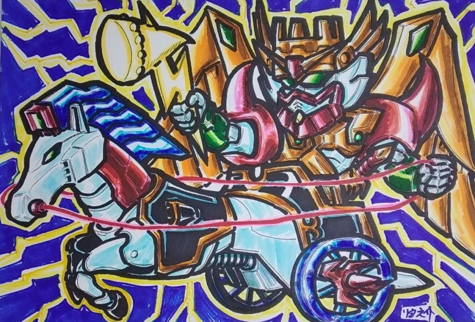 sudouryu's tweet photo. おはようございます🌅
今日10月14日は機動武闘伝Gガンダム 第26話『新必殺技!爆熱ゴッドフィンガー!!』が94年に放送されました📺✨

ということで今回のエピソード
ガンダムファイト決勝リーグ、ドモンの最初の対戦相手である
｢ゼウスガンダム｣を描きました🐴🌩

本日もよろしくお願いします(*^▽^*) https://t.co/9uVvxf9BIk