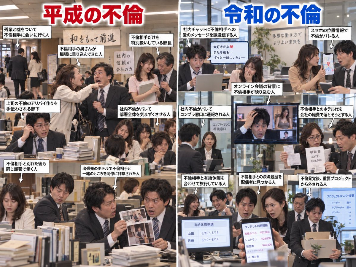 hikaru_hackjpn's tweet photo. 会社員の不倫の変化がすごい…

←平成　　　　　　　　　令和→ https://t.co/Okgd4HrQiV