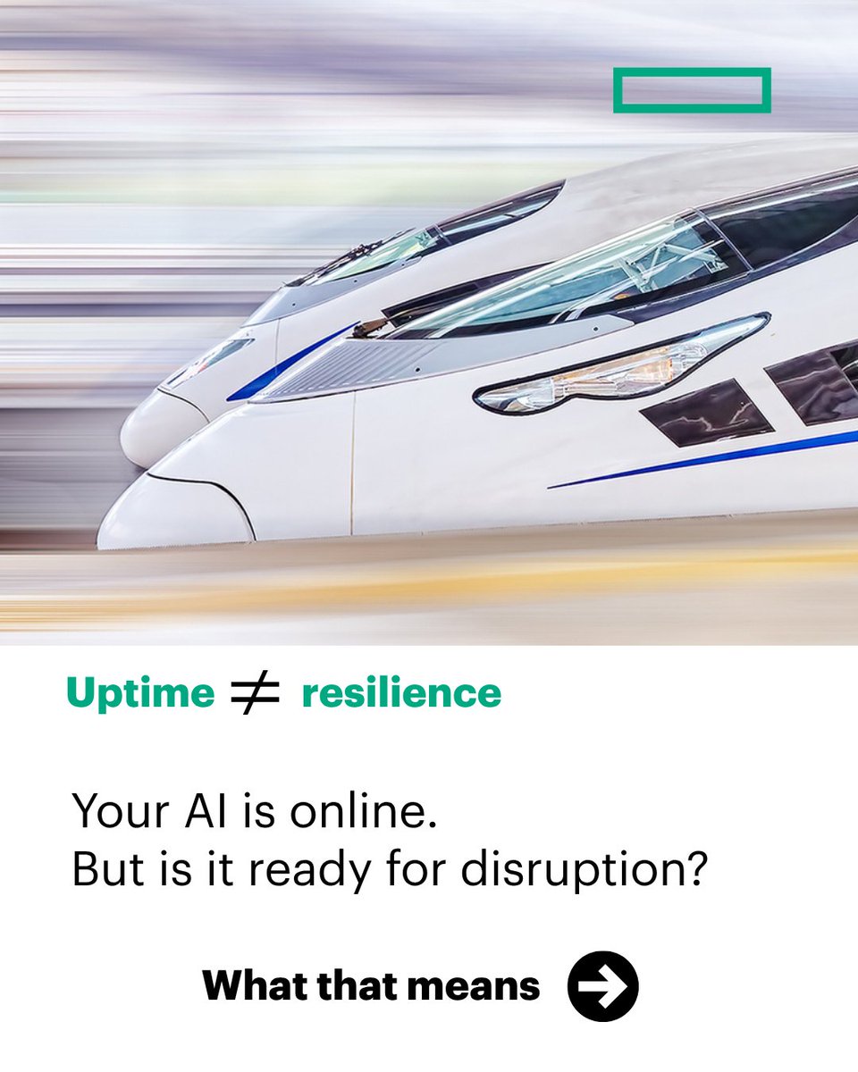 HPE's tweet photo. Uptime is great, but trust is better. 🤝

As AI becomes a part of our everyday operations, resilience means more than staying online. See what's changing.
