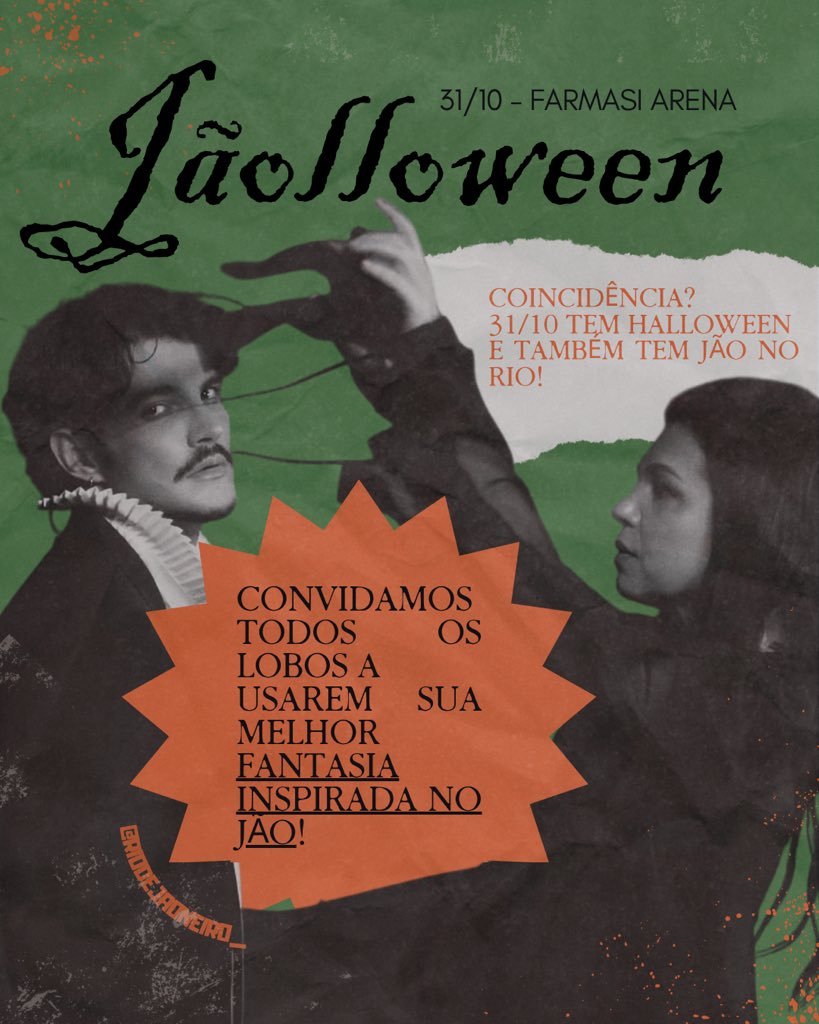 riodejaoneiro_'s tweet photo. LOBOS, TEMOS UM CONVITE!

Dia 31/10 tem show do Jão no Rio e, por coincidência, também é Halloween… 👀

Então, que tal entrar na brincadeira e ir pro show com uma fantasia inspirada no Jão? Vale se inspirar em música, era, clipe ou qualquer referência! 👻💚

Já escolheu a sua? https://t.co/f7Ne349Z2T