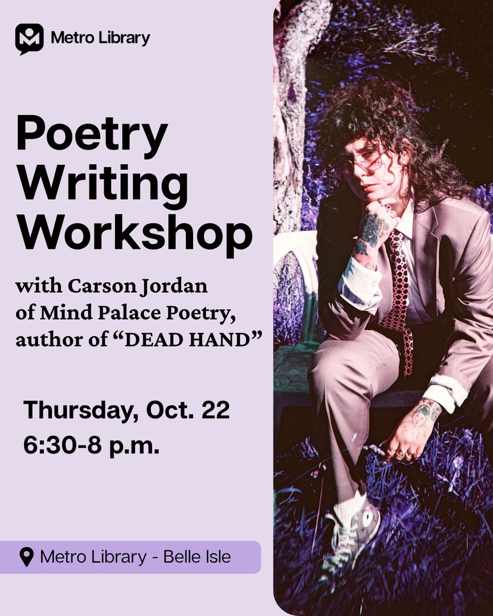 MetroLibraryOK's tweet photo. A blank page is just the beginning. ✍��
Join poet and "Dead Hand" author Carson Jordan for an evening of poetry readings, writing exercises and more. See where the words take you!

📍Metro Library - Belle Isle
📅 Oct. 22, 6:30 p.m.
✨ https://t.co/ca5dSZz232 https://t.co/81lxz3aON1
