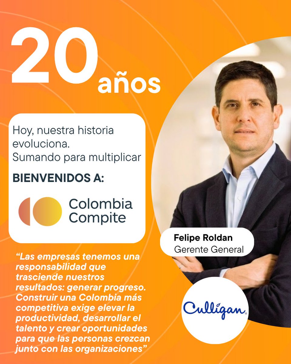 ColombiaCompite's tweet photo. Durante 20 años hemos transformado la competitividad del país acompañando a grandes empresas como @HeyCulligan . 

De la mano de líderes como Felipe Roldán, seguiremos construyendo más y mejores oportunidades para el bienestar de todos los colombianos.

#20AñosEsMucho https://t.co/YZ8hYTUDXn