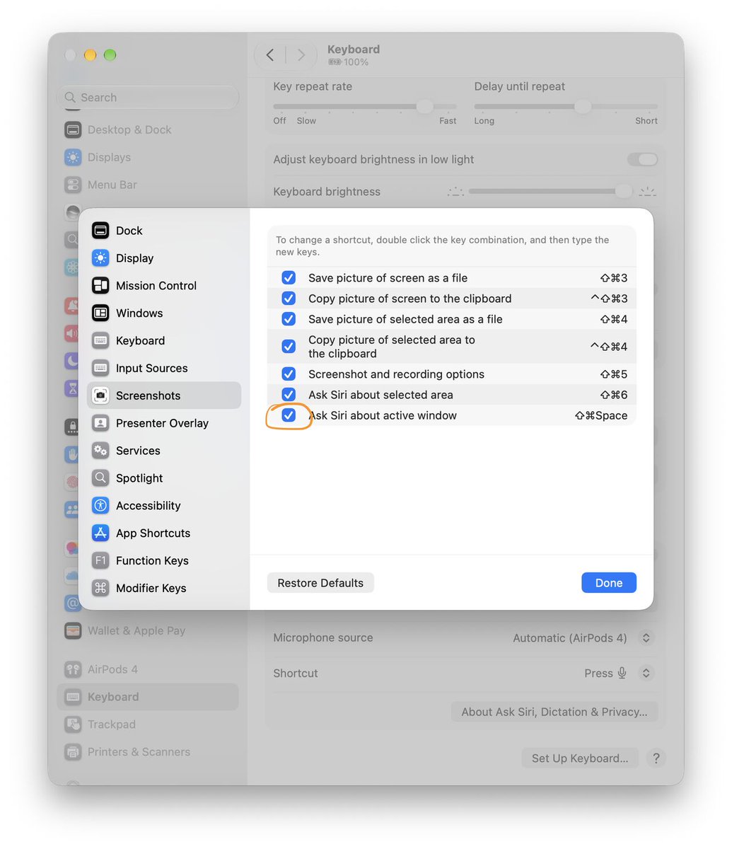 idyll_code's tweet photo. Until macOS 27.2 comes out, Siri will take over the shortcut <command>+<shift>+<space> to use for "ask Siri about active window". 

You probably use this shortcut for something else more important... so to take it back go to Settings > Keyboard > Keyboard Shortcuts > Screenshots and uncheck "ask Siri about active window."

BUT there's a catch... if you use any of the other shortcuts listed for a screenshot, (for example <command>+<shift>+4) Apple reverts this setting and you will need to disabled it again. Every time.

This took me ages to find. And ages to figure out what was triggering it to revert. So I hope this helps you until they get it fixed.