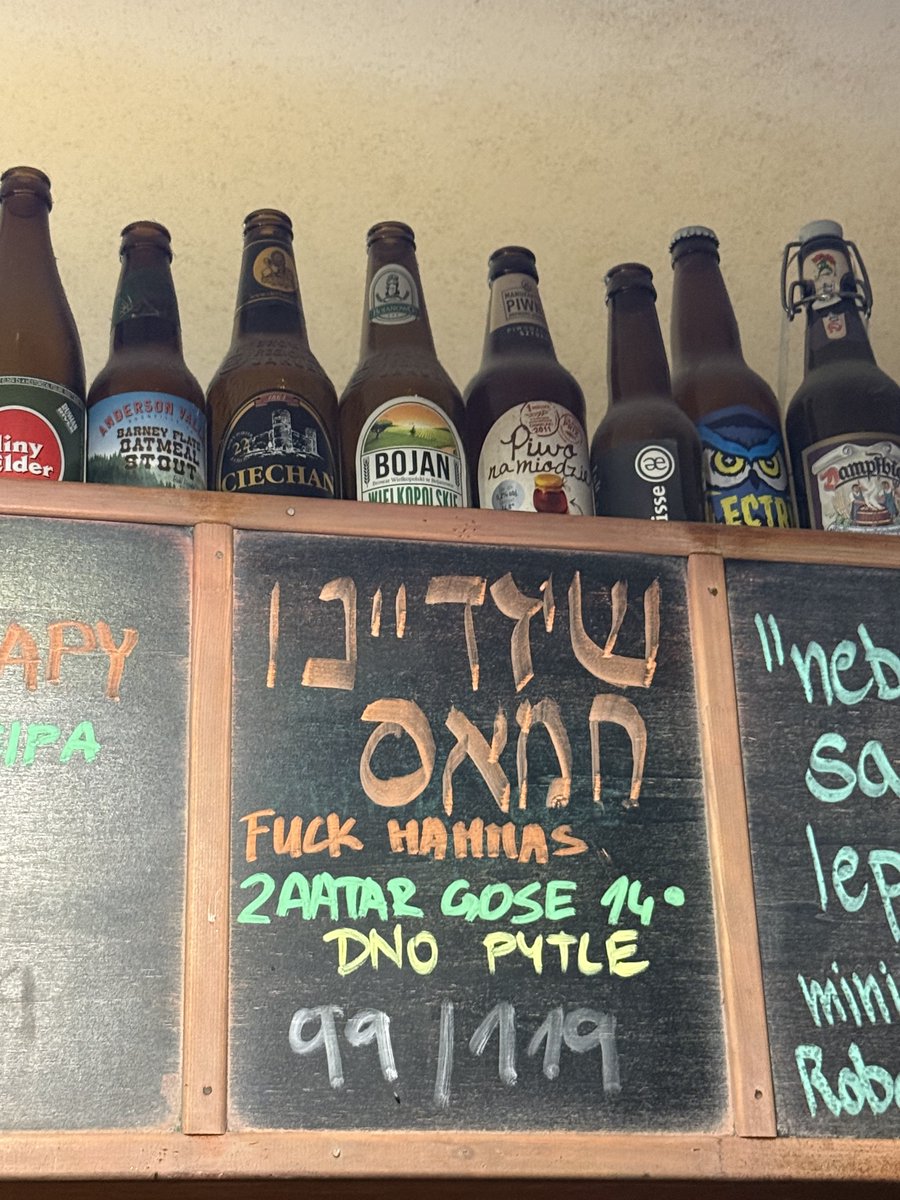 Dani_Blek's tweet photo. So apparently there’s a bar in Prague that serves a beer named Fuck Hamas, and they’re so proud of it that they insist that the biggest letters on the board are in Hebrew. https://t.co/BjX3iZBNqq