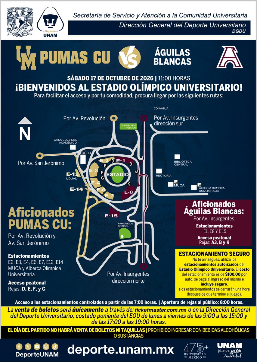 PumasCU_fba's tweet photo. 🏈Pumas CU vs Águilas Blancas🏈

¡Los esperamos el sábado!

⚠️El día del partido no habrá venta de boletos⚠️

#PumasLaVida #SoyDeporteUNAM https://t.co/N5ZGQqdsKO