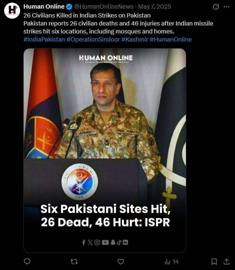osintspectator's tweet photo. .@NIA_India @GoI_MeitY @MIB_India, Please investigate and take action against this account (@HumanOnlineNews). 

It is reportedly based in Pakistan and peddled ISPR propaganda during Operation Sindoor. Now they are trying to present themselves as neutral. https://t.co/DL6KH7SIRV