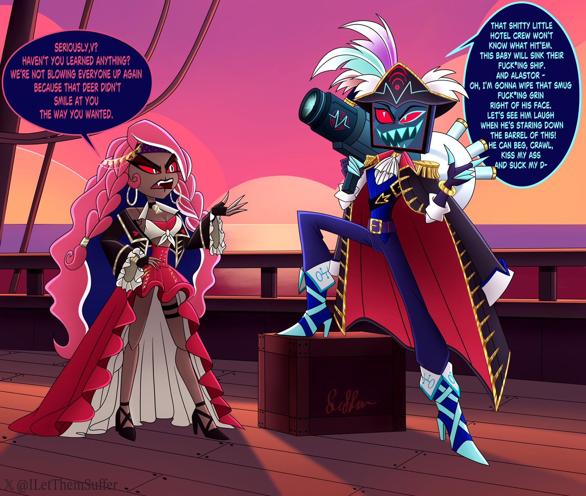 ILetThemSuffer's tweet photo. Captain Vox and his evil master plan.
He's doing great. 

Just don't mention Alastor.

#HazbinHotelVox #HazbinHotelVelvette #TheVees https://t.co/RrW8RtsWAk