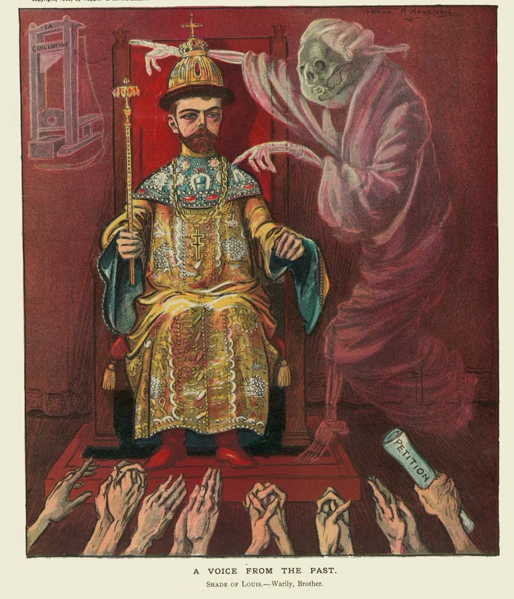 MesveretX's tweet photo. "Geçmişten gelen ses, 1905)

Fransız Devrimi'nin ardından giyotin ile idam edilen XVI. Louis, Rus Çarı Nikolay'a halkının yakarışlarına kulak vermezse kendisi gibi onun da giyotinin kurbanı olabileceğini hatırlatıyor.