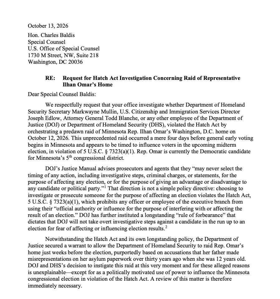 NormEisen's tweet photo. BREAKING: We just filed a Hatch Act complaint over the outrageous raid on Ilhan Omar's home

Officials can't use criminal power to affect an election. This is the textbook case

@DDFund_ &amp; @RWPUSA👇 https://t.co/ghkkDSP3Js