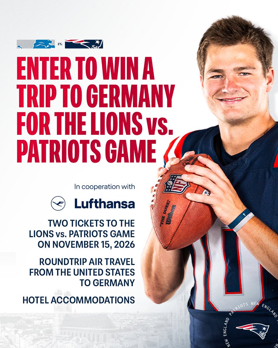 Patriots's tweet photo. Who wants to go to Germany!? 🇩🇪

Enter to win two tickets to our Week 10 matchup in Munich: https://t.co/n6VNHUlLU8 https://t.co/jx3CpltWhz