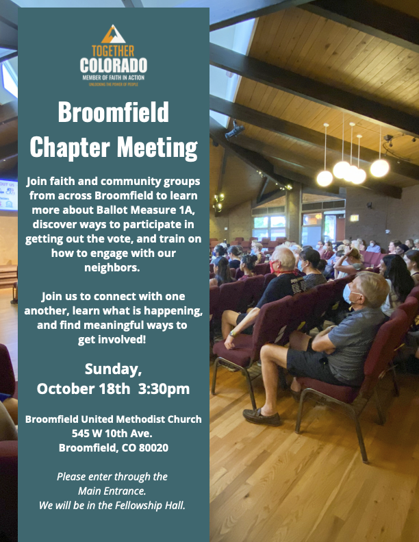 TogetherCO's tweet photo. Join our Broomfield Chapter Meeting this Sunday, Oct 18, at 3:30 PM at the Broomfield United Methodist Church in the Fellowship Hall! Email info@togetherco.org with any questions. https://t.co/IvNnDyxILV