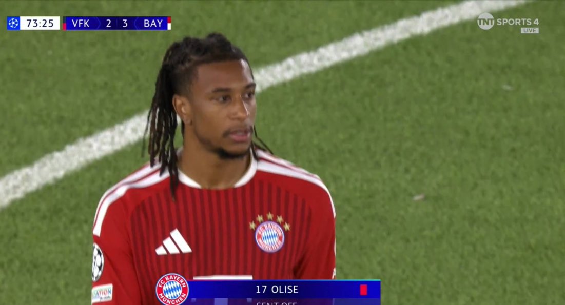 EduardoHagn's tweet photo. 🚨 Michael Olise will MISS the Champions League clash between Bayern Munich and Arsenal next week after being sent off today. 🇫🇷🟥 https://t.co/iG6xDdiEo4