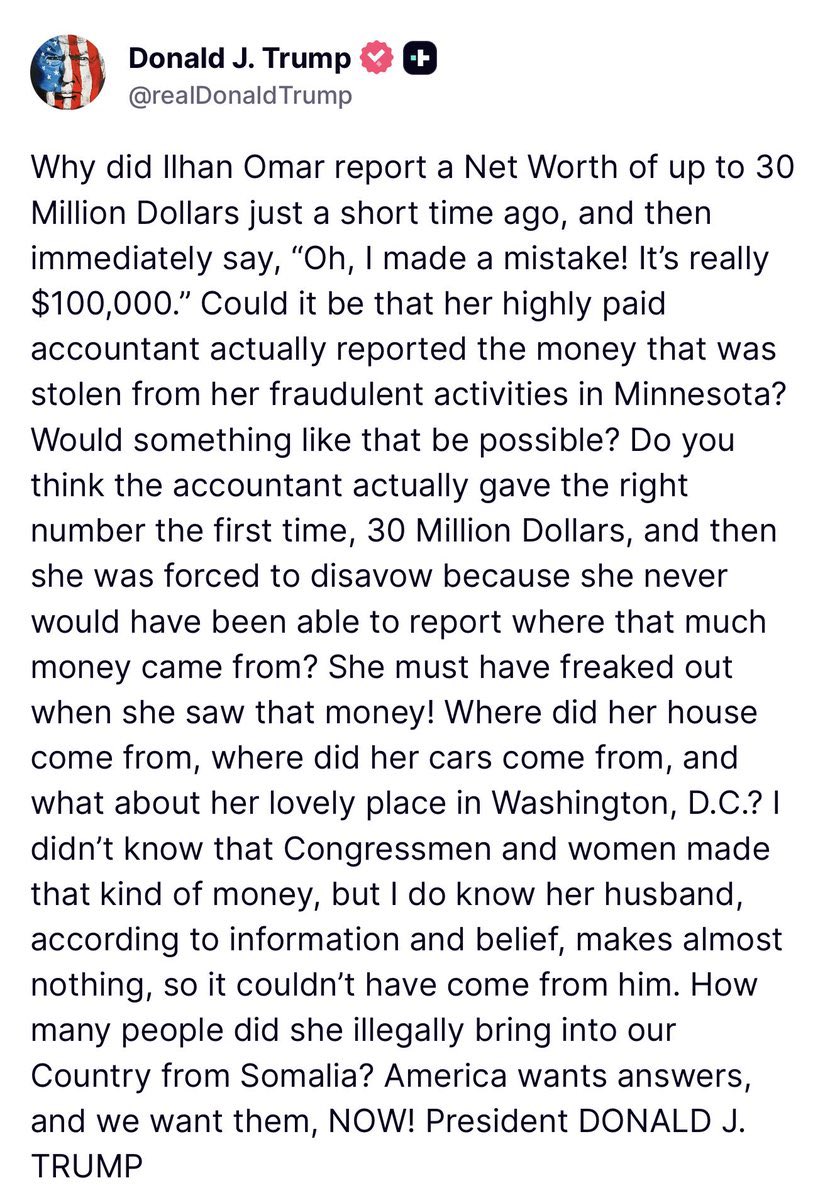 _Barr0n's tweet photo. 🚨 President Trump just went line by line exposing Ilhan Omar for FRAUD. He’s curious where her $30 Million Dollars went all of a sudden 

“How many people did she illegally bring into our country from Somalia”

I VOTED FOR THIS https://t.co/NcywcwwuLo