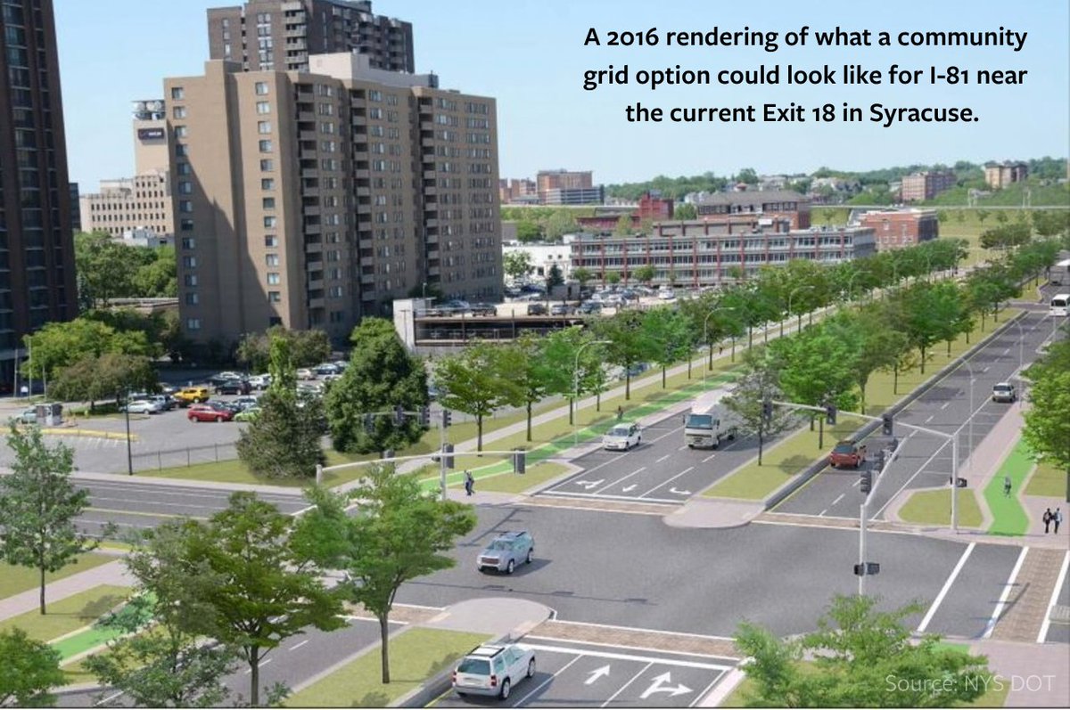 OpenPlans's tweet photo. Syracuse is tearing down the I-81 viaduct that split its city for decades and replacing it with a street grid that reconnects the neighborhoods the highway cut apart. If Syracuse can rethink its highways, so can NYC. https://t.co/xcKW9hf4zu