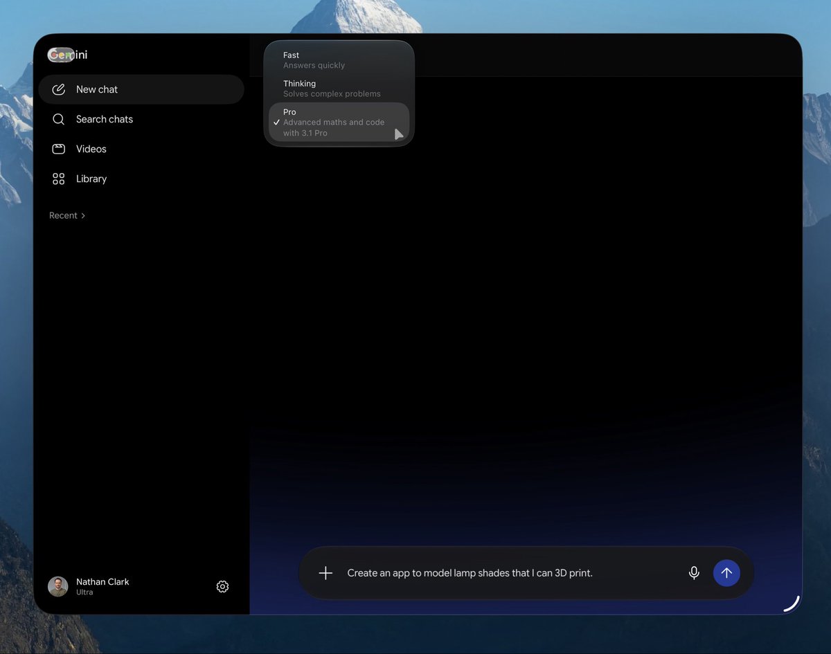 nathanclark's tweet photo. Can I also say I just missed being able to screenshot but this said “Gemini 3 Pro” while the prompt was running I sent after this. 

There is also no Gemini 4 in the model picker (after I clicked a full-app takeover saying “Try Gemini 4 now”) and I don’t have an Ultra plan unlike it suggests in the bottom left. 

Don’t even get me started on the logo being placed under the traffic lights.