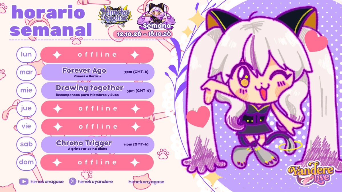 HimekoYandere's tweet photo. ✨【Horario semanal】✨
Semana corta👻✨
Para seguir con estrenos, está semana jugaremos un juego nuevo y trabajaremos en recompensas para los subs!

🐱Clips #HimekoClip
🐱Memes ︎#Himemes
🐱Arte ︎#HimekoArt
🐱Agencia ︎ @YandereLive | #YandereLive   
🎨: Limoncito en Discord ! 
#Vtuber #VtuberES #HimekoNagase