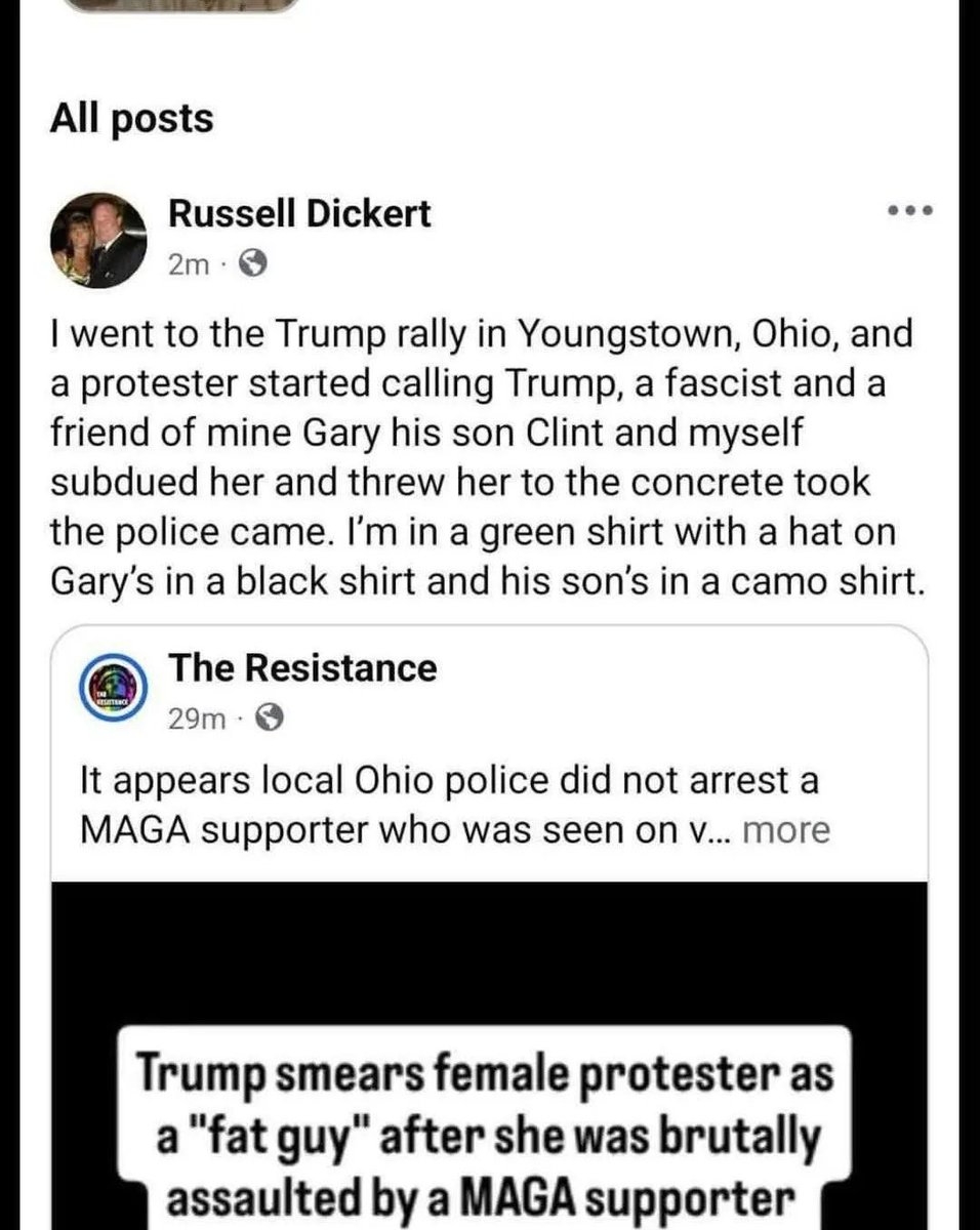 Madximilian's tweet photo. A woman, violently assaulted, by multiple men at another Trump rally, SHE is the one escorted out, and none of the assaulters (MEN) are detained, nor arrested. Well, here's one proud assaulter, Russell Dickhurts...Dickhead....whatever, bragging proudly that he was one of them. https://t.co/cwI92S0oay
