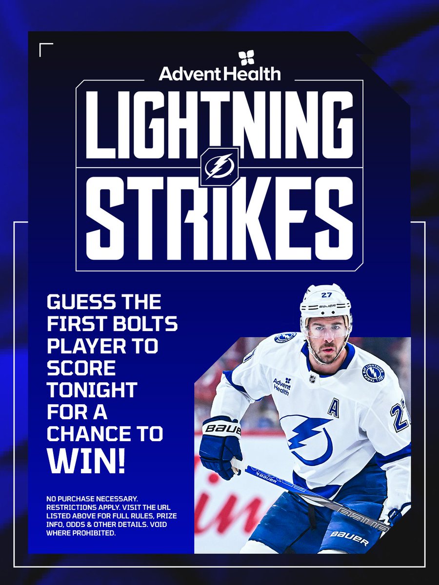 TBLightning's tweet photo. Which Bolt will be first on the board?

Let us know who you think scores the first goal for us tonight using #LightningStrikes and you could win a custom #Bolts t-shirt presented by
@AdventHealth!

Rules: https://t.co/qduOuqZMye https://t.co/Phs9QgNvg4