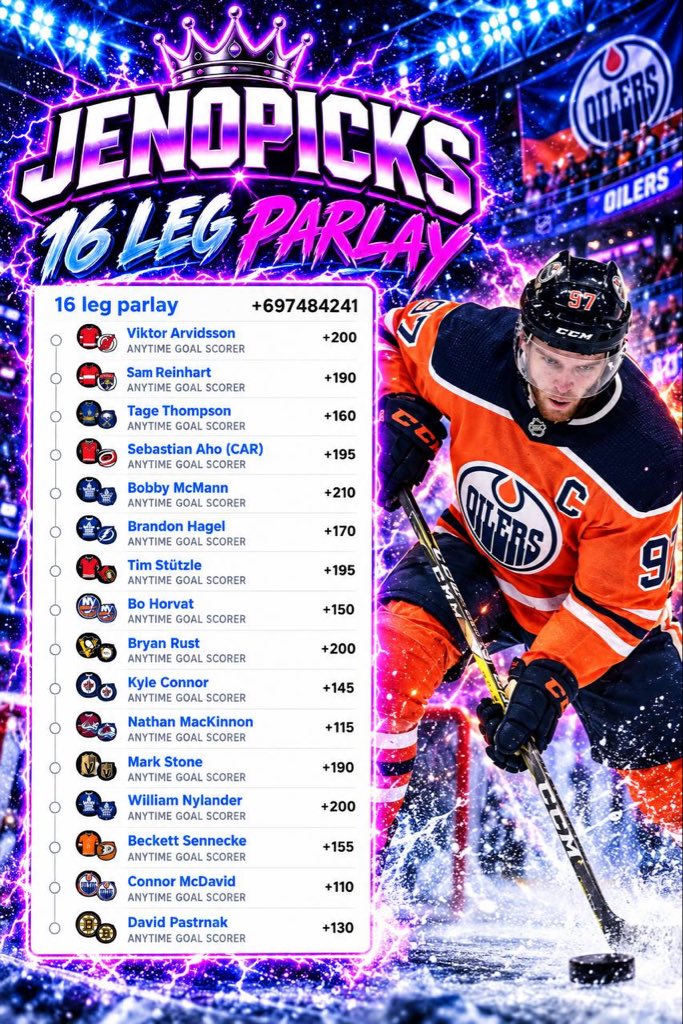 JENOPICKS's tweet photo. NHL RETIREMENT LAY DC EXCLUSIV🏒
🥅 Viktor Arvidsson — Anytime goal
🥅 Sam Reinhart — Anytime goal
🥅 Tage Thompson — Anytime goal
🥅 Sebastian Aho — Anytime goal
🥅 Bobby McMann — Anytime goal
🥅 Brandon Hagel — Anytime goal
🥅 Tim Stützle — Anytime goal
🥅 Bo Horvat — Anytime goal
🥅 Bryan Rust — Anytime goal
🥅 Kyle Connor — Anytime goal
🥅 Nathan MacKinnon — Anytime goal
🥅 Mark Stone — Anytime goal
🥅 William Nylander — Anytime goal
🥅 Beckett Sennecke — Anytime goal
🥅 Connor McDavid — Anytime goal
🥅 David Pastrňák — Anytime goal

@GamblyBot @Playbook
