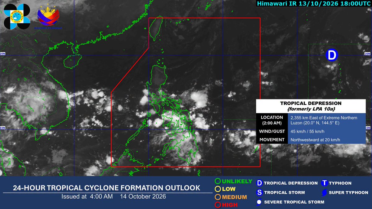 NDRRMC_OpCen's tweet photo. WEATHER UPDATE | As of 2:00 AM today, 14 October 2026, the Tropical Depression (formerly LPA 10a) is being monitored OUTSIDE the Philippine Area of Responsibility (PAR).

All are advised to monitor updates from DOST-PAGASA.

#NDRRMC
#BawatSegundoMahalaga https://t.co/MCVGZ8vVem