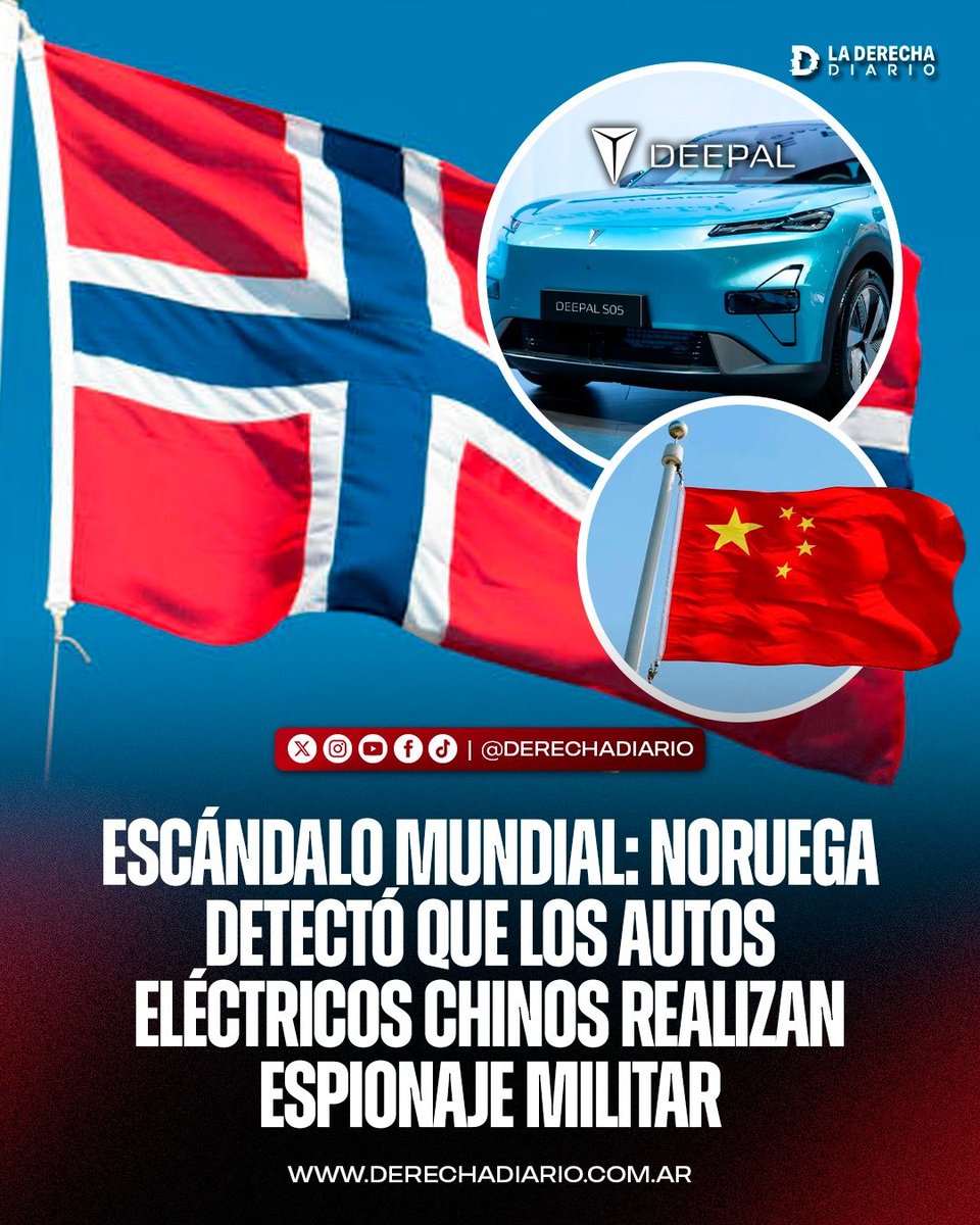 laderechadiario's tweet photo. 🚨🇳🇴🇨🇳 | URGENTE — ESCÁNDALO MUNDIAL: NORUEGA DETECTÓ QUE LOS AUTOS ELÉCTRICOS CHINOS REALIZAN ESPIONAJE MILITAR

Las Fuerzas Armadas de Noruega detectaron que vehículos chinos alquilados durante ejercicios de defensa grababan bases, accesos y procedimientos de seguridad, incluyendo los momentos en que los efectivos ingresaban sus códigos alfanuméricos para entrar a las instalaciones. Los autos, de la marca Deepal, fueron alquilados a Hertz Noruega por más de USD 30 millones.

Las cámaras de estacionamiento y los sistemas de visión 360° registraron movimientos del personal y códigos de acceso sin que los militares lo supieran. Tras el escándalo, Polonia e Israel ya adoptaron restricciones para impedir el ingreso de vehículos chinos a determinadas instalaciones de defensa.