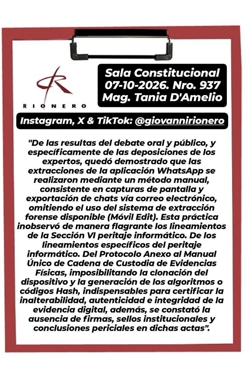 GiovanniRionero's tweet photo. #CódigoHash Reciente sentencia en la cual se precisa que la evidencia digital, tales como los mensajes de datos de WhatsApp o cualquier otra plataforma de mensajería, ostentan plena validez probatoria en los procesos penales; no obstante, para que dichos elementos adquieran eficacia jurídica, resulta indispensable la estricta observancia del método técnico y científico correcto para la obtención de tales datos.