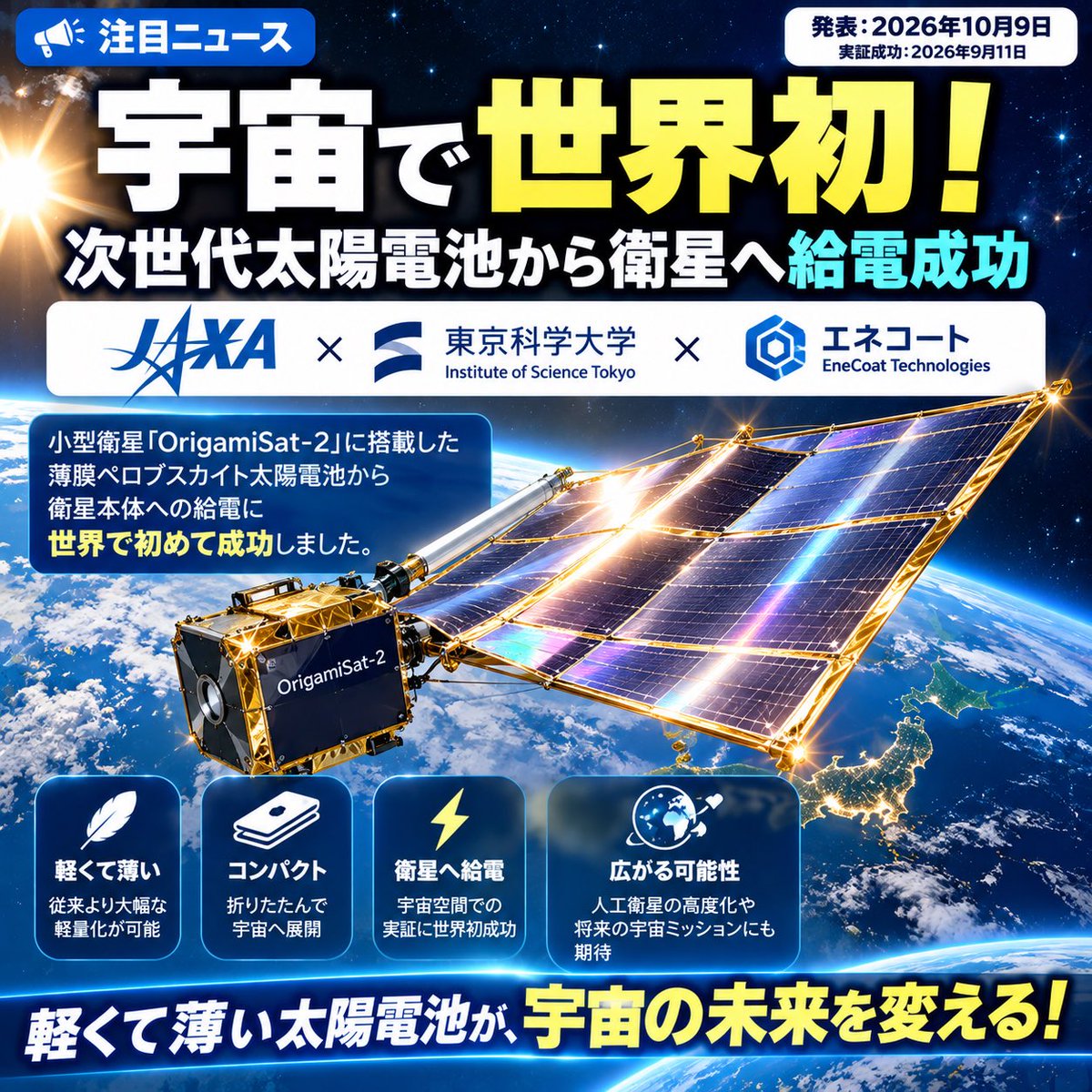 masa_make's tweet photo. 🚀【注目ニュース｜宇宙で世界初！】🛰️✨

JAXAなどの研究チームが、宇宙空間でペロブスカイト太陽電池から人工衛星への給電に世界初成功！🌏

軽くて薄い次世代太陽電池が、宇宙でも活躍！

将来は人工衛星の進化や月面開発への応用にも期待が高まります。

日本発の技術が、宇宙の未来を変えていく！🚀✨

#JAXA #宇宙開発 #ペロブスカイト太陽電池 #次世代技術