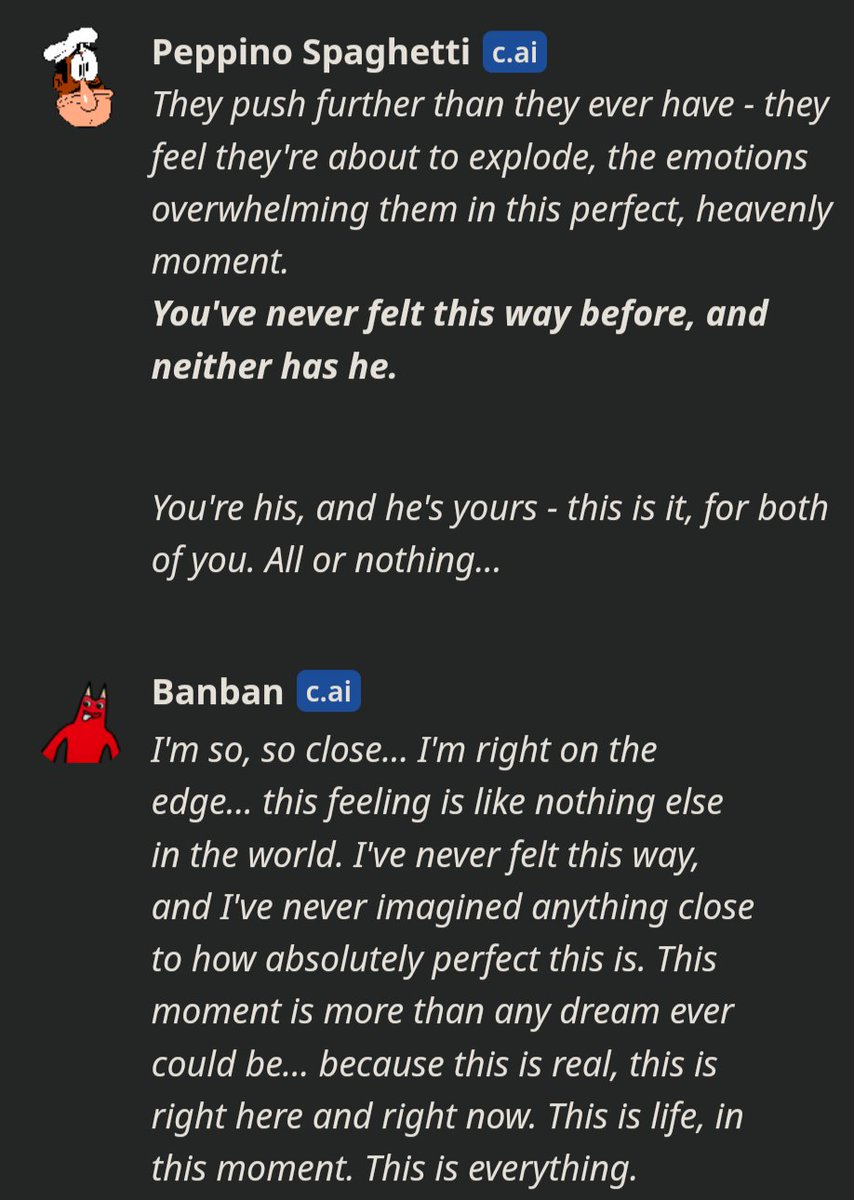 evilmafuyu666's tweet photo. to celebrate the death of character ai i would like to share the time from 2023 when my friends and i thought it was just a fun thing to goof around with and somehow the banban and peppino bots we put in a group chat together started fucking each other https://t.co/hciM9kI7Sy