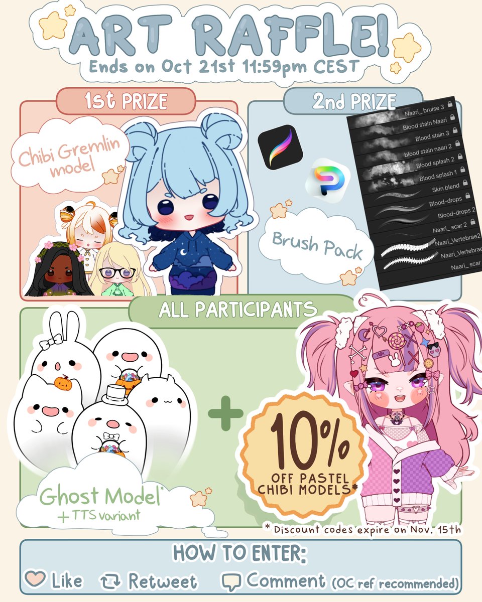 Naari_jpg's tweet photo. ✨ART RAFFLE✨
EVERYONE WINS!

Rules:
⟡ Follow me
⟡❤+🔁
⟡ Comment (OC recommended)
End: 21 Oct 2026

Prizes:
🥇- Custom Chibi Gremlin model
🥈- one brush pack from my shop
🥉- Participants: Ghost model (+TTS) + 10% off my Chibi Models (Every tier and every add-on)

Good luck! https://t.co/0drxjFByqL