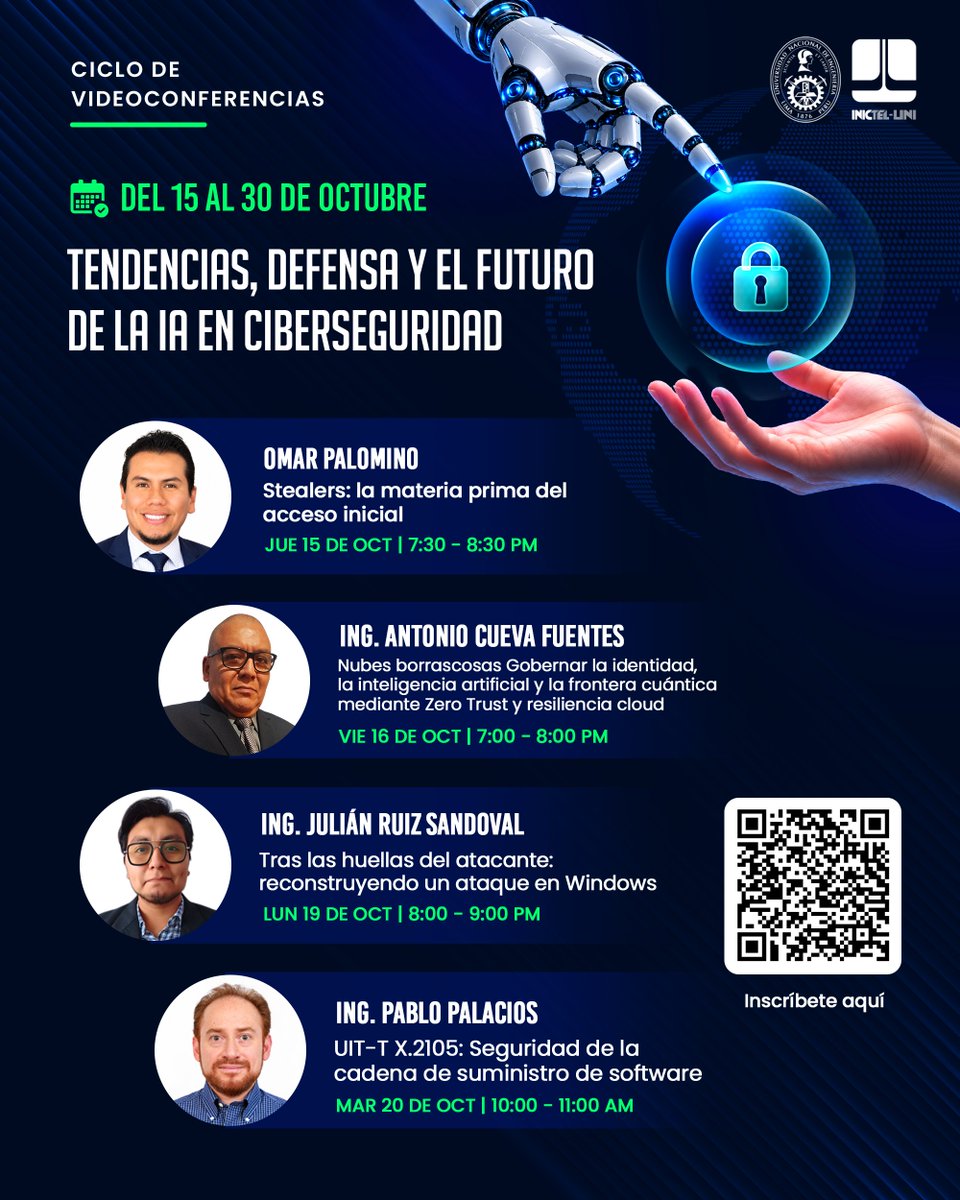 inictel_uni's tweet photo. ⏳🔐 ¡Faltan 2️⃣ días!

💻 ¡Conoce a los ponentes!

📅 Del 15 al 30 de octubre
💻 Modalidad virtual

📝 ¡Inscríbete y asegura tu participación!
https://t.co/PBMzaeTwwZ https://t.co/UUmanOdUm1