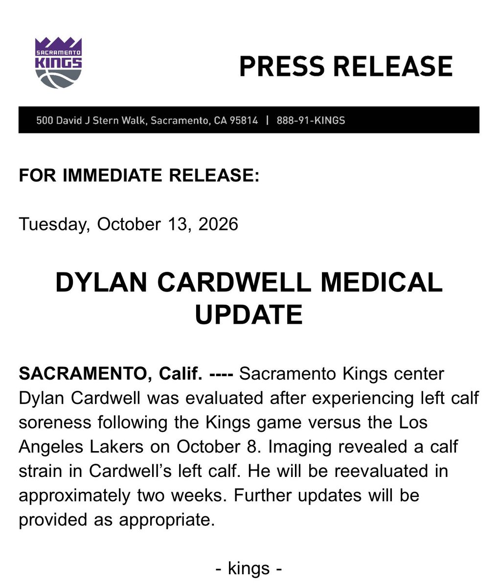 RynoinSactown's tweet photo. Calf strain for Dylan Cardwell.  He will be reevaluated in two weeks per the Kings— https://t.co/53aTVLcPTQ