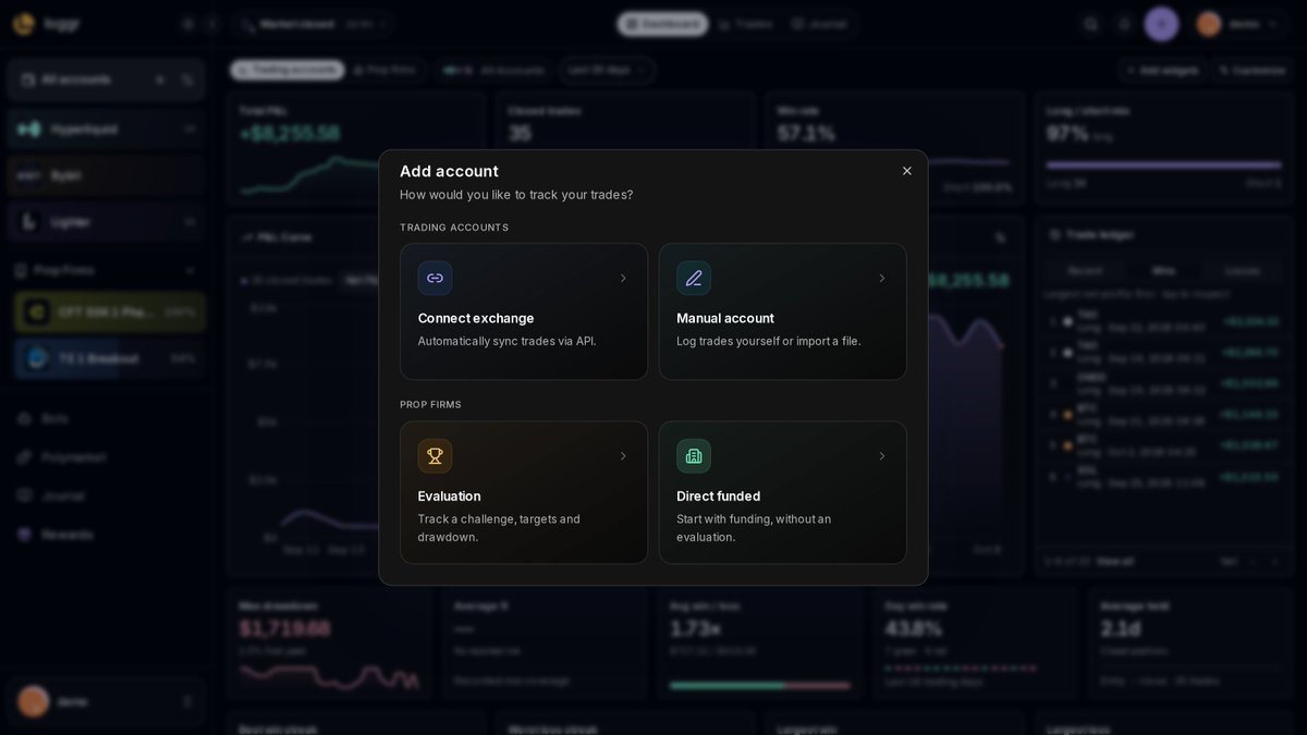 loggrhq's tweet photo. How to track a prop eval in Loggr:

1. Add account, then Evaluation
2. Pick your firm: @breakoutprop, @HypernovaX or @ProprXYZ
3. Choose the program and size, and the target, daily loss and max drawdown fill in
4. Enter what you paid and create the account https://t.co/wAUU13TonD