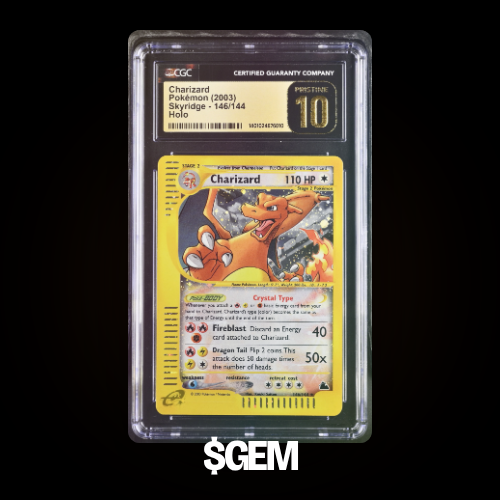 GemMintOnChain's tweet photo. Every Gem Mint token is pegged to one card at one grade. 

You pick it at launch: a Charizard PSA 10, a Gengar CGC 10, anything from the 4,900+ graded slabs Collector Crypt has listed.  

That card is fixed for the life of the token. https://t.co/0y40ob46bw