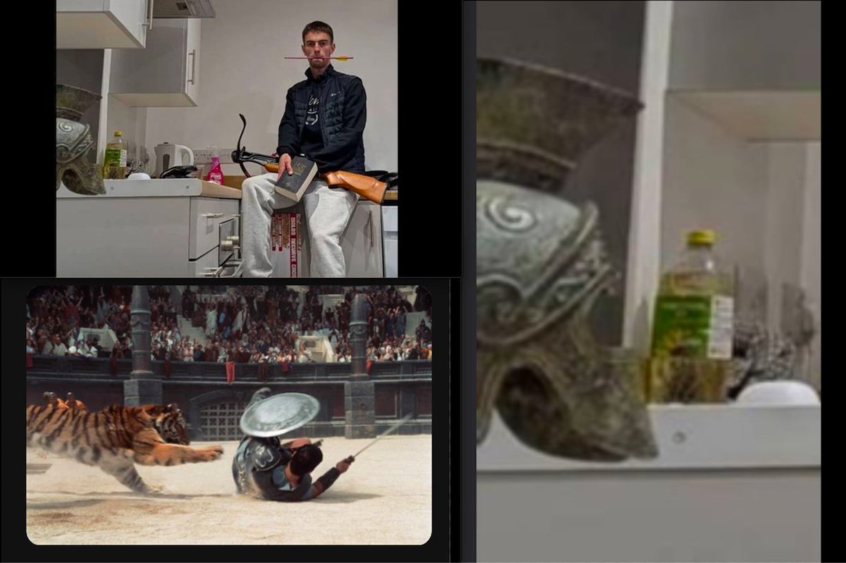 generatedsimage's tweet photo. William Chapman the man supposedly mauled by a tiger.
In this image we see a 'floating' Roman helmet.
This is presumably to refer to his lack of prowess in the gladiatorial arena. https://t.co/PAQbQsYjhQ