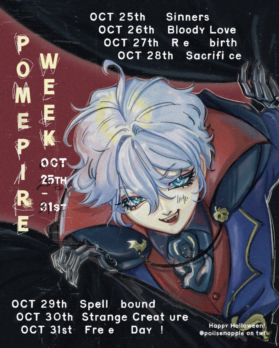 poiisenapple's tweet photo. My favorite time of the year 🦇

Pomepire week prompts are out! This is a pomefiore only* event, anyone is free to join! Please support our creatives that will be participating this year and I’m so excited to do this a 4th time with all of you! ^^

#pomepireweek https://t.co/Lms0oUH7g2