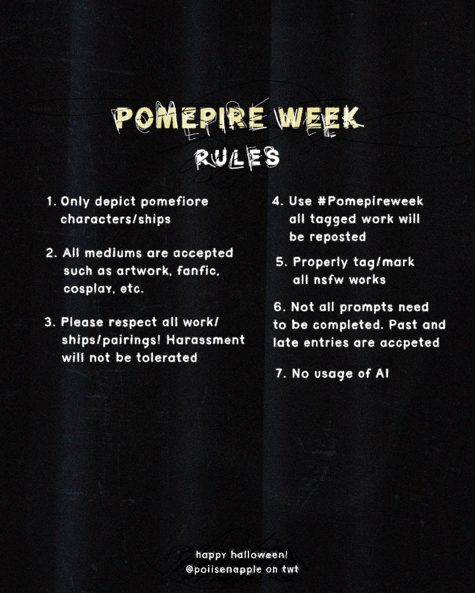 poiisenapple's tweet photo. My favorite time of the year 🦇

Pomepire week prompts are out! This is a pomefiore only* event, anyone is free to join! Please support our creatives that will be participating this year and I’m so excited to do this a 4th time with all of you! ^^

#pomepireweek https://t.co/Lms0oUH7g2