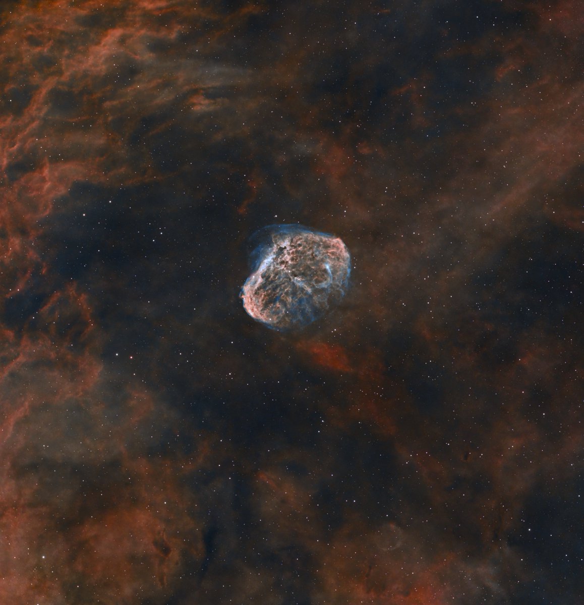 feroniaphoto's tweet photo. Under Bortle 6 light-polluted skies, I captured 250 × 300-second exposures over 10 separate nights, accumulating a total integration time of 21 hours. By processing this data, I revealed the nebula’s intricate hydrogen filaments and ionized oxygen  structures. #nebula https://t.co/fKg45NuqUP