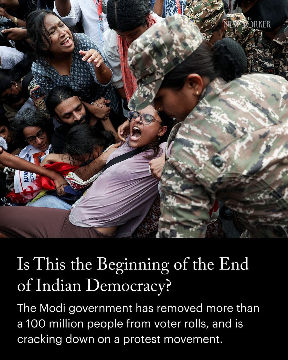 NewYorker's tweet photo. This past weekend, thousands of anti-government protesters were arrested in New Delhi. A movement that began several months ago, and was initially focussed on demands to reform India’s education system, has now centered itself around the government’s decision to remove more than 100 million people from the country’s voter rolls. “By sheer numbers, this is one of the largest-ever exercises of disenfranchisement in the history of the world,” Yogendra Yadav, an activist and political scientist says. Read Isaac Chotiner’s full conversation with Yadav about the widespread unrest in Narendra Modi’s India and the aggressive action taken by a panic-stricken regime that knows it is losing popularity: https://t.co/fs2npJesLQ