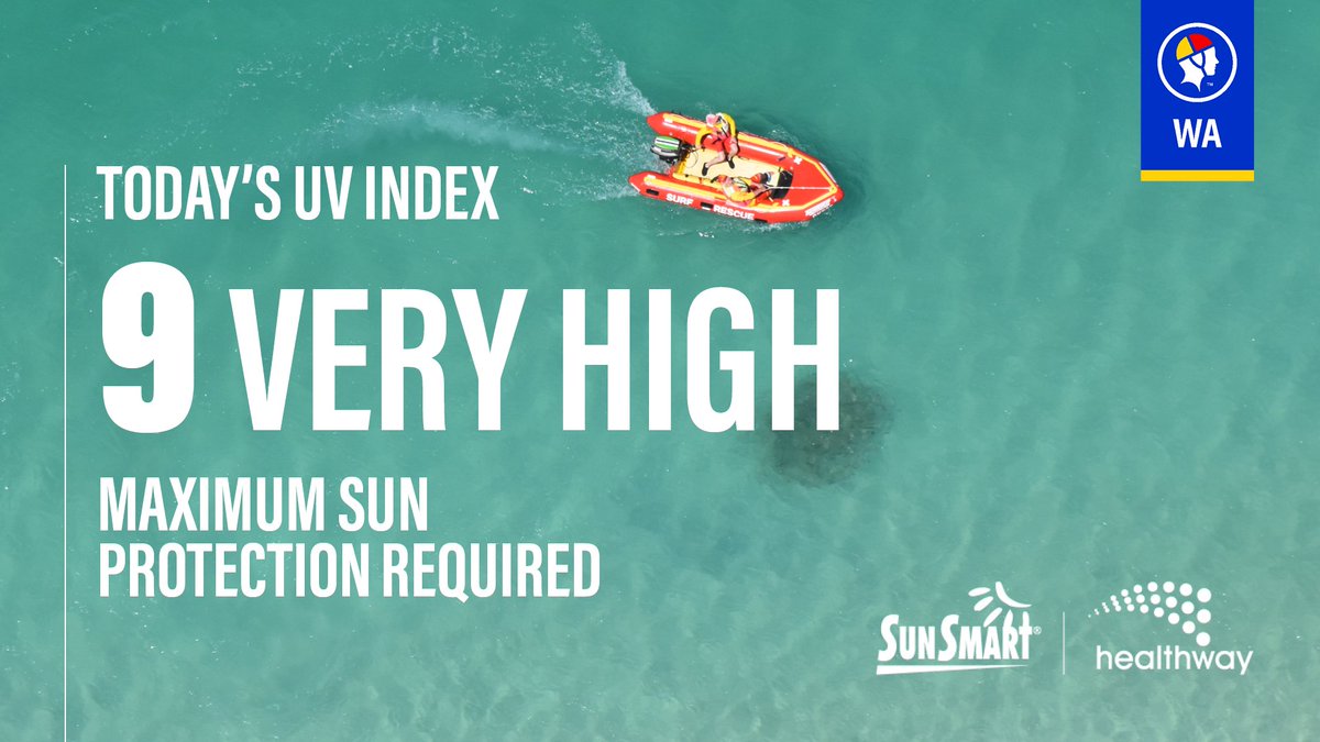 SLSWA's tweet photo. Sun protection recommended from 8:20 am – 3:40 pm, UV index predicted to reach 9 (Very High). Be Sun Smart and slip, slop, slap, seek and slide. #Sunsmart🌞 https://t.co/6xnVQExNeA